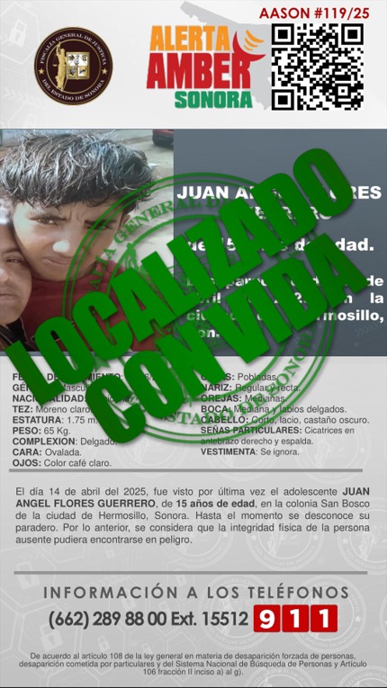 Localizado sano y a salvo adolescente en Hermosillo